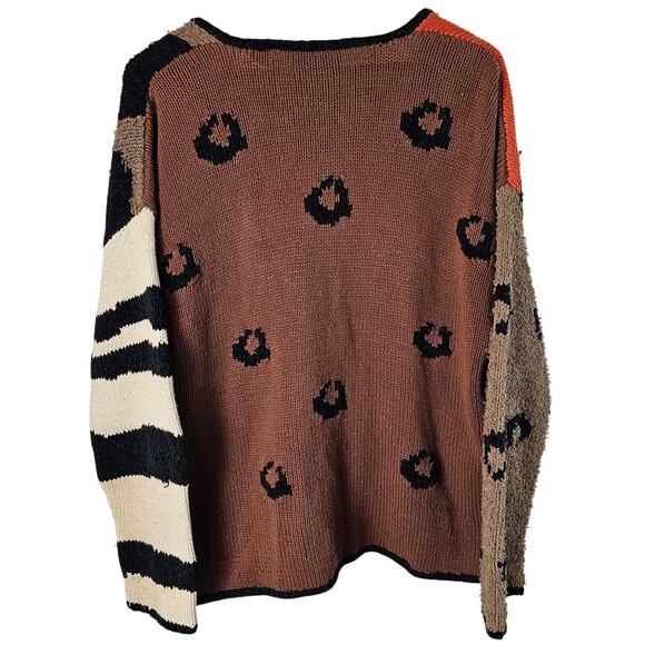 Vtg Carole Little Cardigan Women Med Brown Animal Print Knit Patchwork Boho Cats - Picture 2 of 11